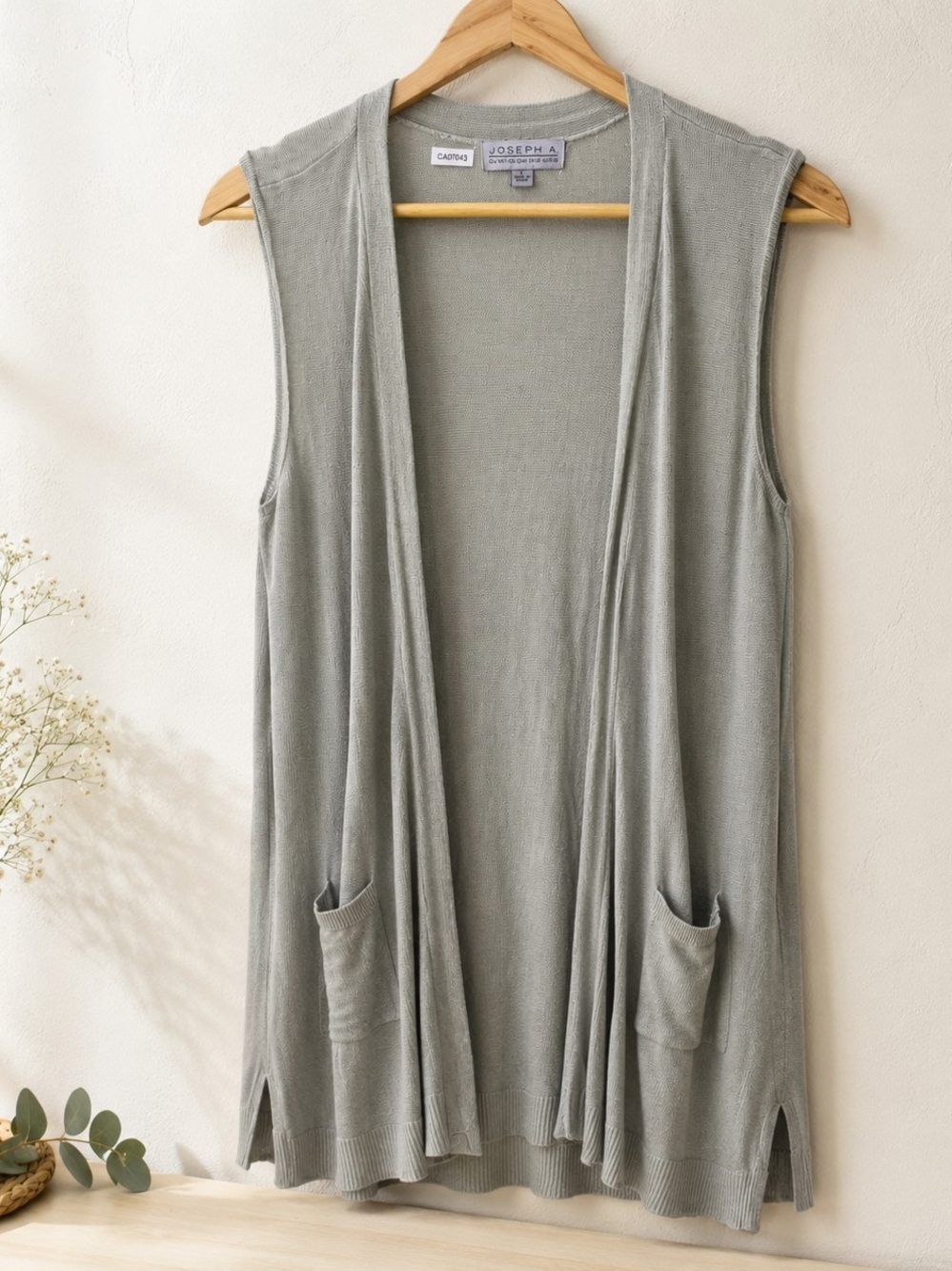 Joseph A. Longline Open Front Knit Vest Sage Grey Pockets Size L